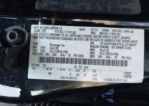 2017 Ford Focus Se z USA, uszkodzony, nr VIN 1FADP3K27HL274857